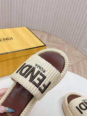 FENDI SIGNATURE WEDGE PLATFORM 6 CM IN BEIGE FIBRE WITH BROWN EMBROIDERED LOGO