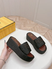 FENDI SIGNATURE WEDGE PLATFORM 6 CM IN BLACK FIBRE WITH BROWN EMBROIDERED LOGO