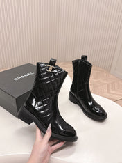 CHANEL ANKLE BOOTS 25S IN BLACK GLOSSY LAMBSKIN WITH GOLD HARDWARE