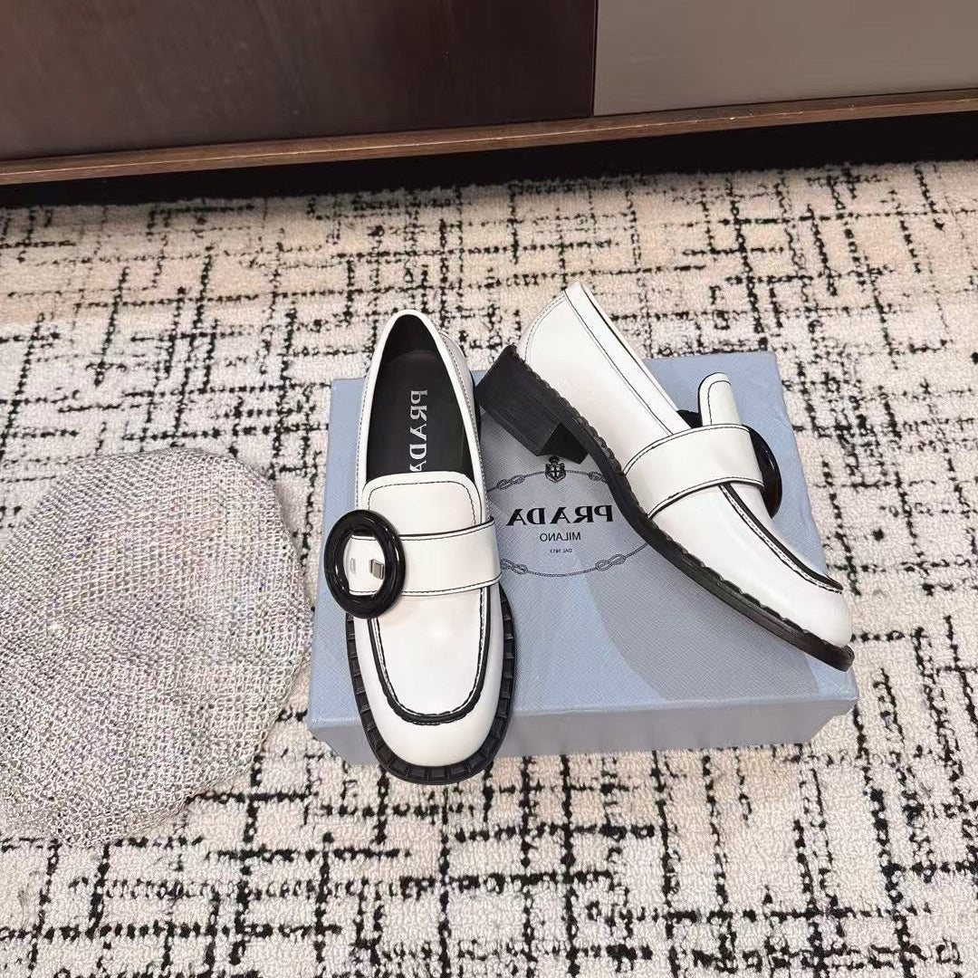 PRADA 26S BUCKLED LOAFERS IN WHITE CALFSKIN