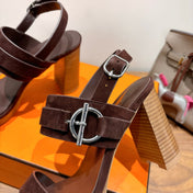 HM 26S GIGI 85 SANDAL IN DARK BROWN SUEDE SILVER HARDWARE