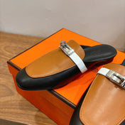 HM 26S KELLY MULE IN CARAMEL BROWN AND BLACK CALFSKIN GOLD HARDWARE