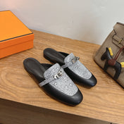 HM 26S OZ MULE IN BLACK CALFSKIN AND GREY CANVAS SILVER HARDWARE 02