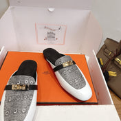 HM 26S OZ MULE IN WHITE CALFSKIN AND GREY CANVAS GOLD HARDWARE