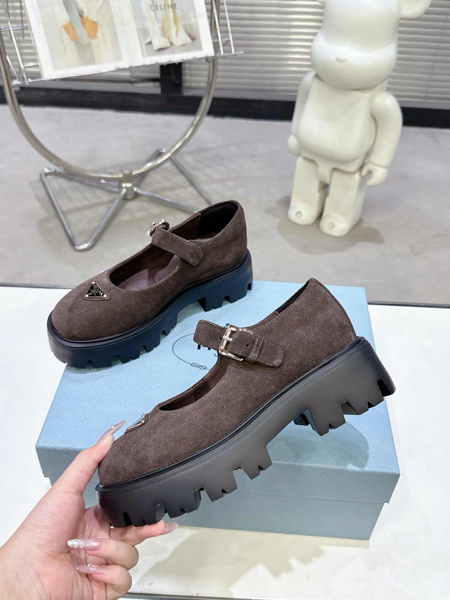PRADA 25S PLATFORM MARY JANE SHOES IN DARK BROWN SUEDE STYLE 3