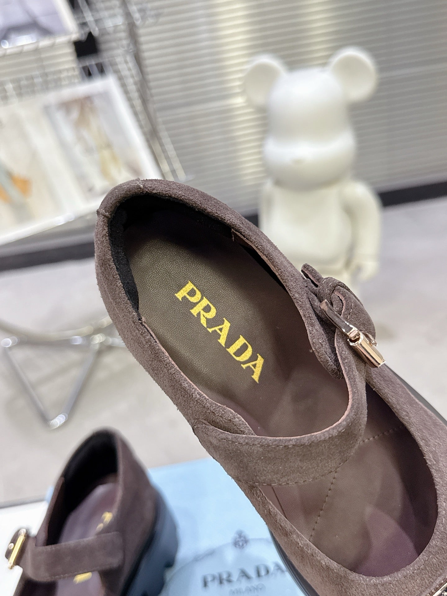 PRADA 25S PLATFORM MARY JANE SHOES IN DARK BROWN SUEDE STYLE 3