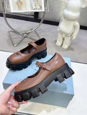 PRADA 25S PLATFORM MARY JANE SHOES IN BROWN CALFSKIN