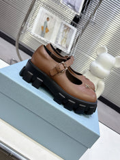 PRADA 25S PLATFORM MARY JANE SHOES IN BROWN CALFSKIN