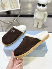 PRADA 25S FUR-LINED MULES IN DARK BROWN SUEDE