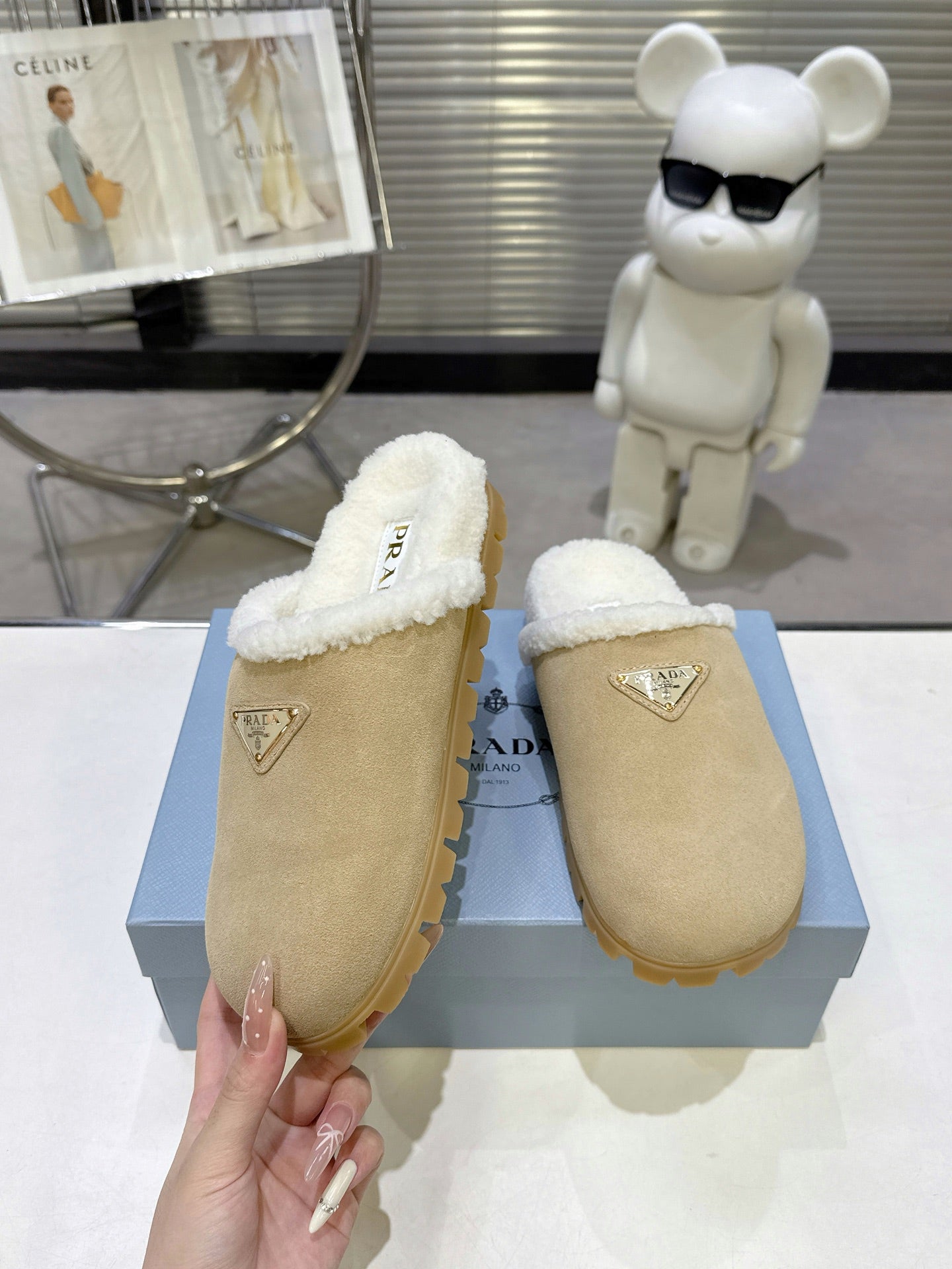 PRADA 25S FUR-LINED MULES IN BEIGE SUEDE