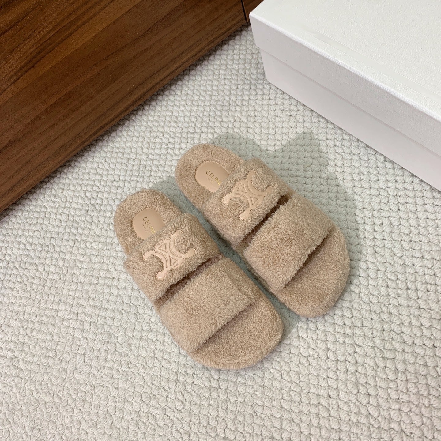 CELINE 26S TWO-STRAP SANDALS IN BEIGE WOOL