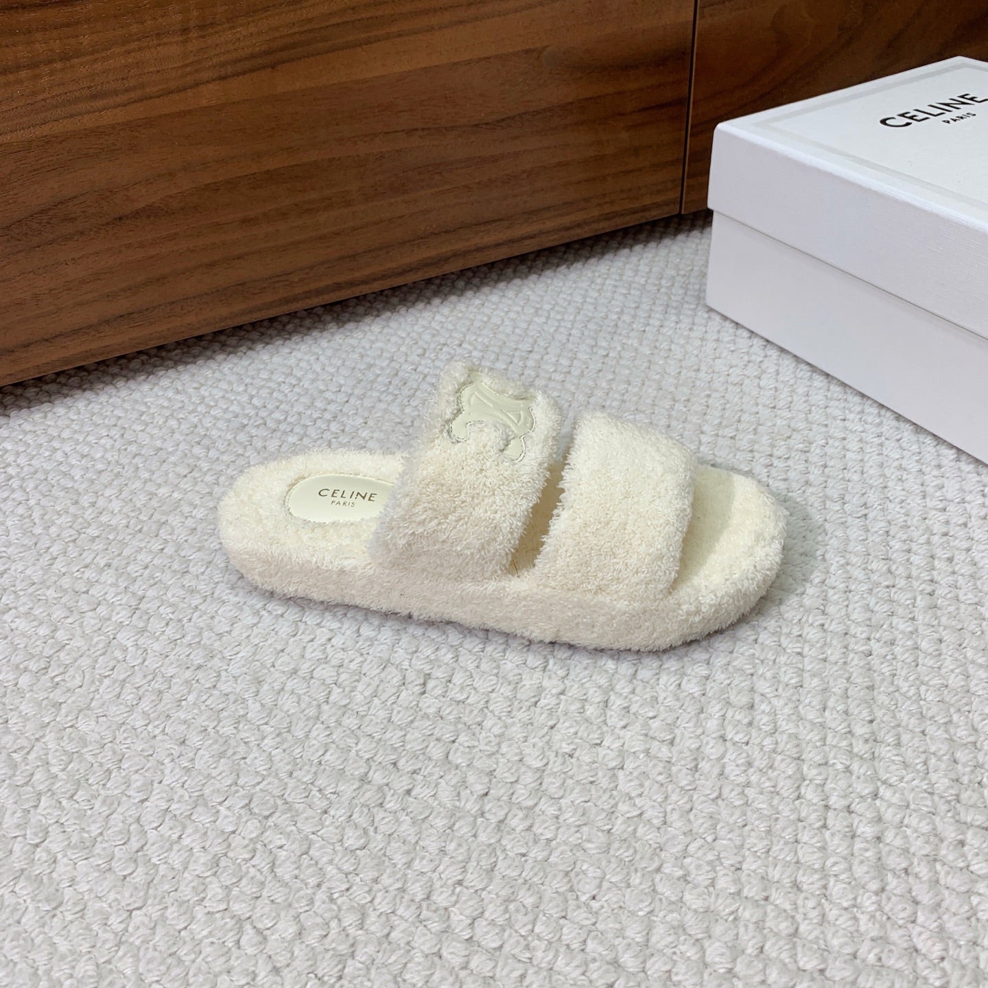 CELINE 26S TWO-STRAP SANDALS IN WHITE WOOL