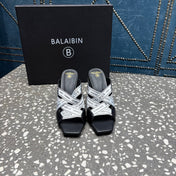 BALMAIN 26S HIGH-HEEL SANDALS 95 MM IN BLACK CALFSKIN AND WHITE FABRIC