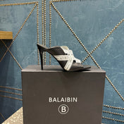 BALMAIN 26S HIGH-HEEL SANDALS 95 MM IN BLACK CALFSKIN AND WHITE FABRIC
