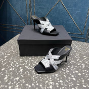 BALMAIN 26S HIGH-HEEL SANDALS 95 MM IN BLACK CALFSKIN AND WHITE FABRIC