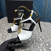 BALMAIN 26S HIGH-HEEL SANDALS 95 MM IN BLACK AND WHITE CALFSKIN
