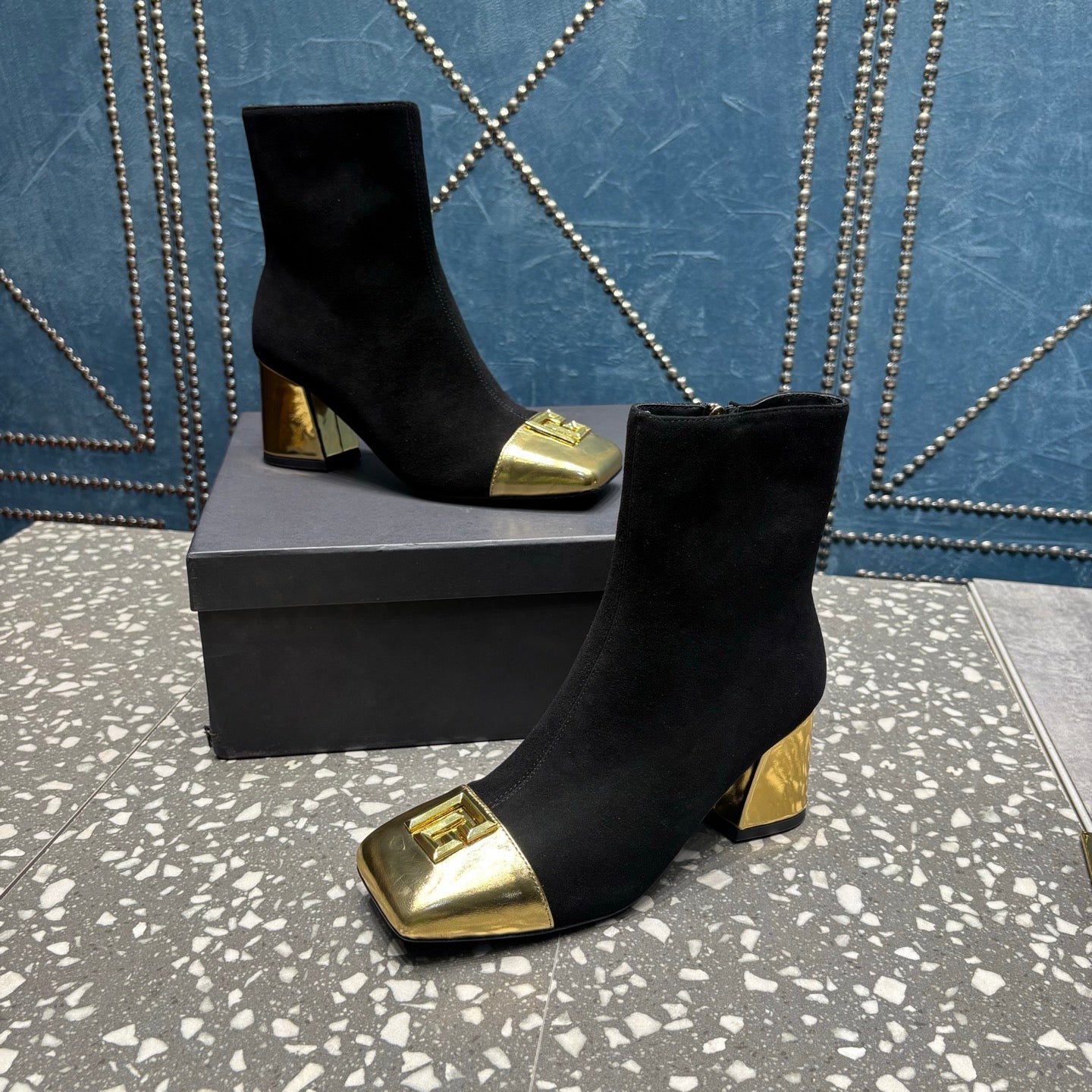 BALMAIN 26S BOOTS 65 MM IN BLACK SUEDE AND GOLD CALFSKIN