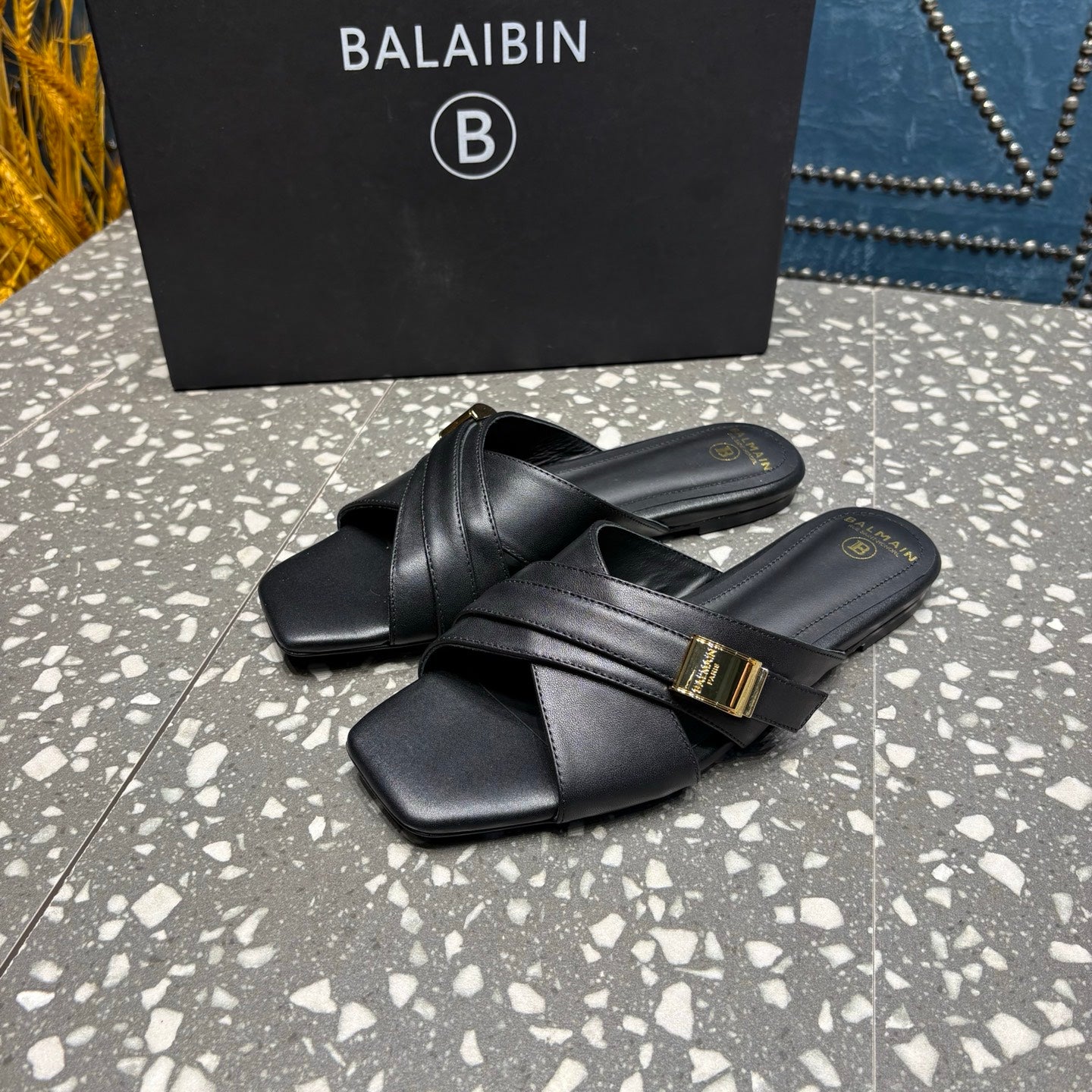 BALMAIN 26S CROSS-STRAP SLIDES IN BLACK CALFSKIN