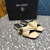 BALMAIN 26S CROSS-STRAP SLIDES IN BEIGE CALFSKIN