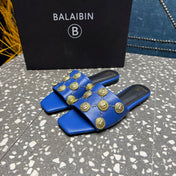 BALMAIN 26S SLIPPERS IN NAVY BLUE CALFSKIN WITH GOLD HARDWARE