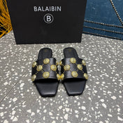 BALMAIN 26S SLIPPERS IN BLACK CALFSKIN WITH GOLD HARDWARE