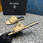BALMAIN 26S SLIPPERS IN BEIGE CALFSKIN WITH GOLD HARDWARE