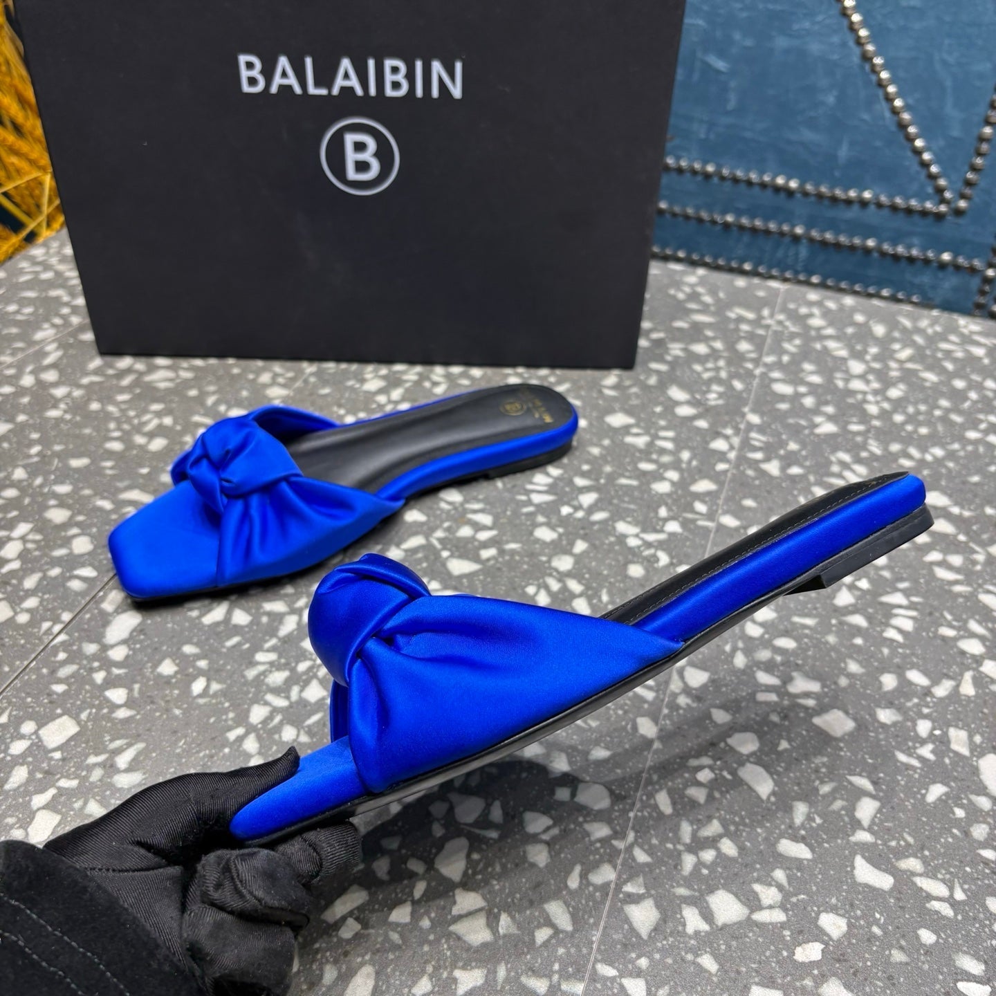 BALMAIN 26S SLIDES IN NAVY BLUE SATIN