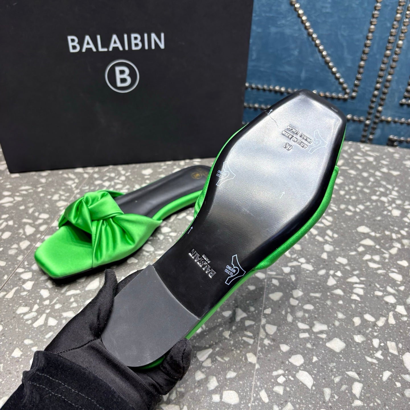 BALMAIN 26S SLIDES IN GREEN SATIN