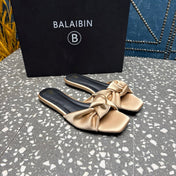 BALMAIN 26S SLIDES IN LIGHT WARM BEIGE SATIN