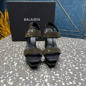 BALMAIN 26S HIGH-HEELED SANDALS 105 MM IN BLACK CALFSKIN WITH GOLD STONE EMBELLISHED