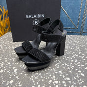 BALMAIN 26S HIGH-HEELED SANDALS 105 MM IN BLACK CALFSKIN STONE EMBELLISHED
