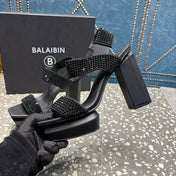 BALMAIN 26S HIGH-HEELED SANDALS 105 MM IN BLACK CALFSKIN STONE EMBELLISHED