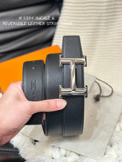 HM 5382 BELT SILVER BUCKLE & REVERSIBLE BLACK LEATHER STRAP 38MM