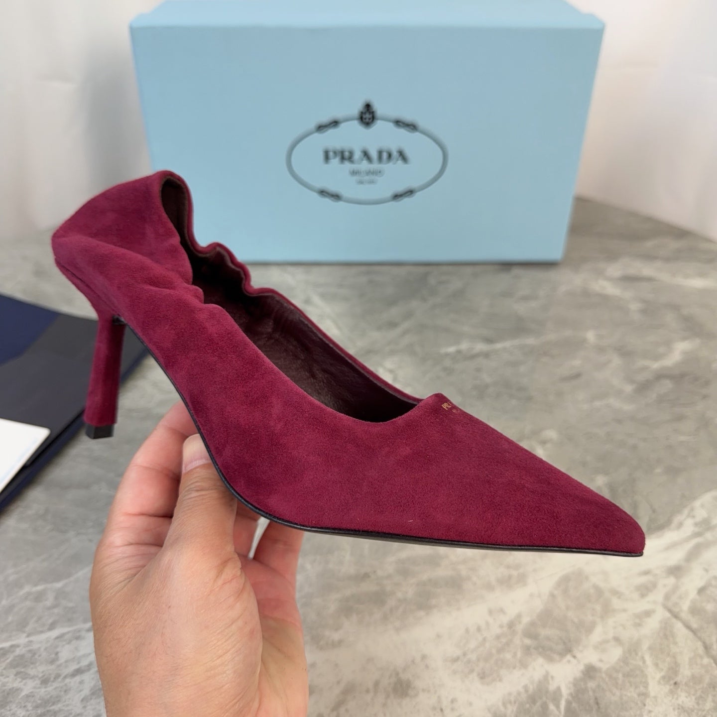PRADA 25S HIGH HEELS 75 MM IN DARK RED SUEDE