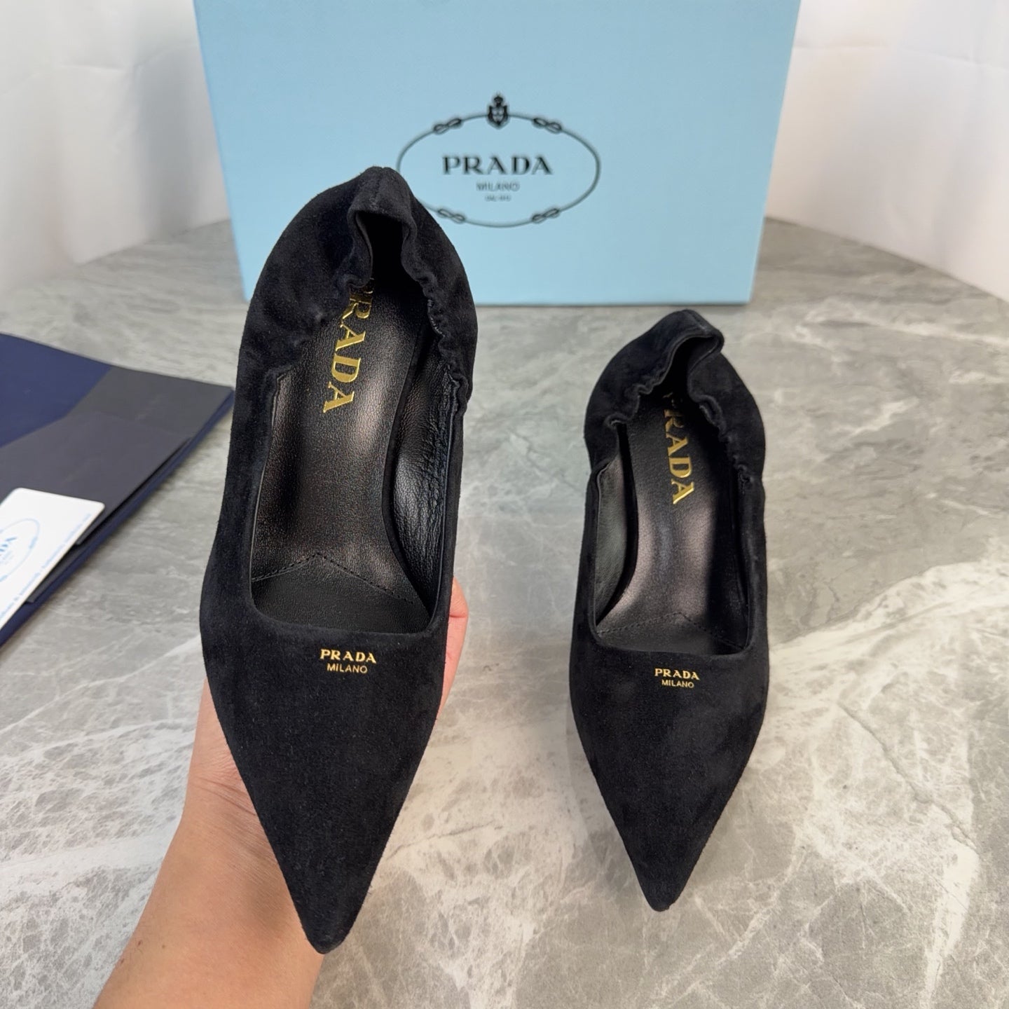 PRADA 25S HIGH HEELS 75 MM IN BLACK SUEDE