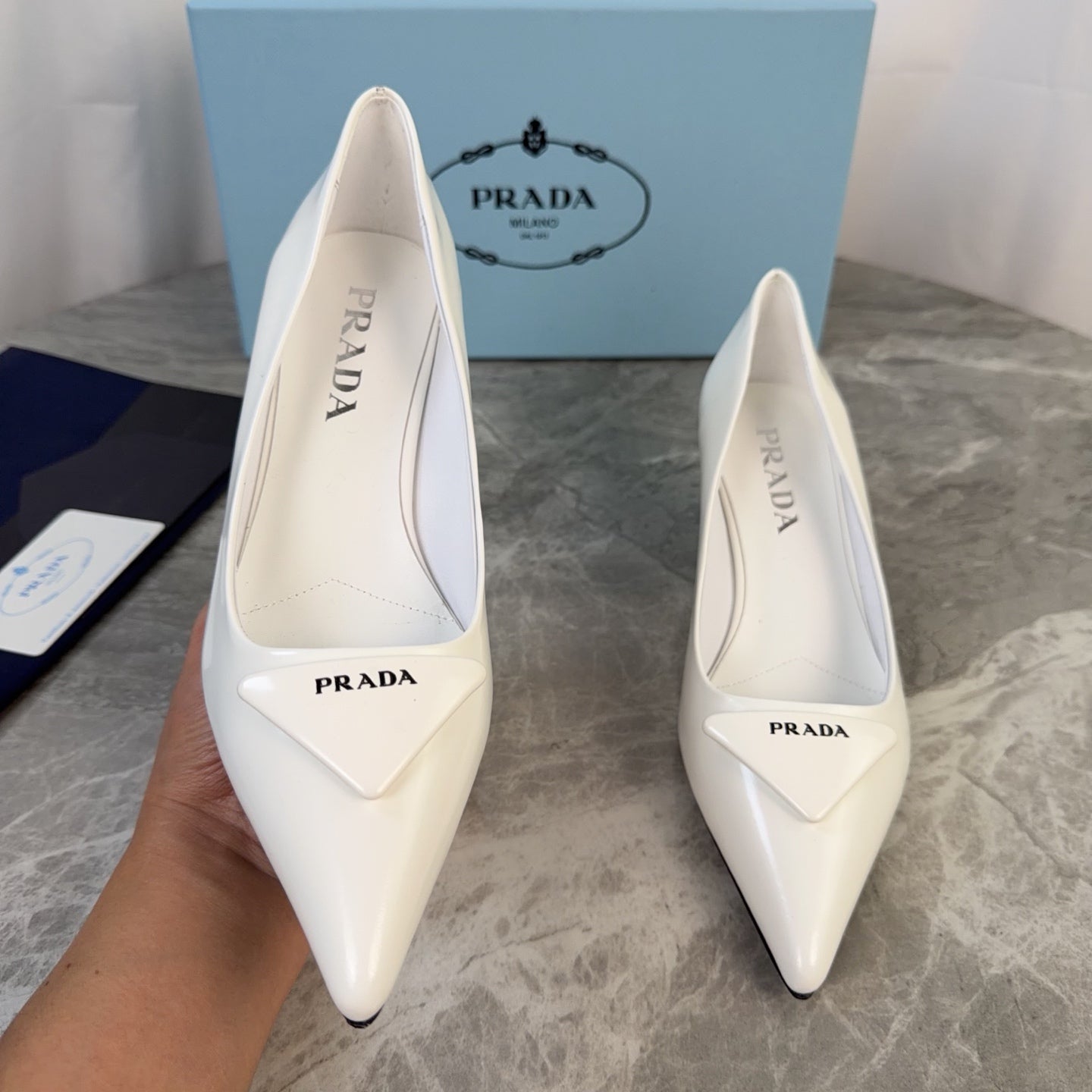 PRADA 25S POINTED-TOE HIGH HEELS 55 MM IN WHITE GLOSSY LAMBSKIN