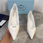 PRADA 25S POINTED-TOE HIGH HEELS 55 MM IN WHITE GLOSSY LAMBSKIN