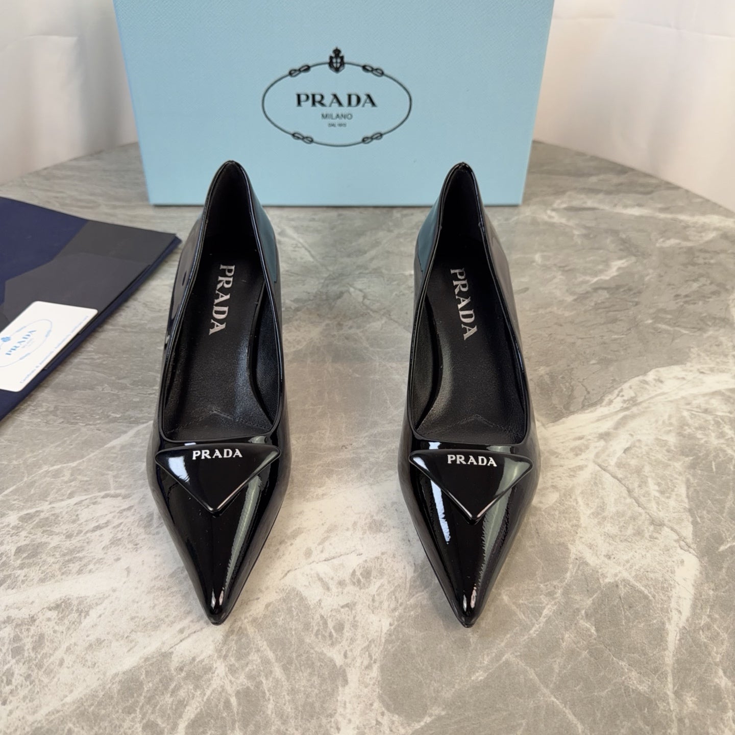 PRADA 25S POINTED-TOE HIGH HEELS 55 MM IN BLACK GLOSSY LAMBSKIN