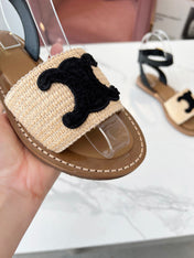 TROMPHE SANDALS BEIGE RAFFIA BLACK WOOL