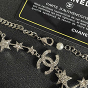 CHANEL 26S DOUBLE C LOGO STAR & PEARL DROP CHAIN NECKLACE IN SILVER METAL 629971