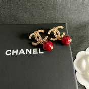 CHANEL 26S DOUBLE C LOGO CRYSTAL & RED BEAD DROP EARRINGS IN GOLD METAL 629983