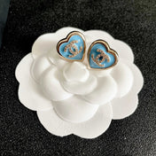 CHANEL 26S DOUBLE C LOGO BLUE HEART ENAMEL STUD EARRINGS IN GOLD METAL 629986