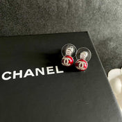 CHANEL 26S DOUBLE C LOGO RED ENAMEL CRYSTAL DROP STUD EARRINGS IN SILVER METAL 630074