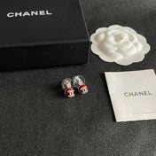 CHANEL 26S DOUBLE C LOGO RED ENAMEL CRYSTAL DROP STUD EARRINGS IN SILVER METAL 630074