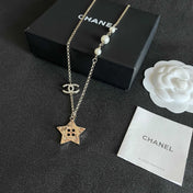 CHANEL 26S DOUBLE C LOGO CRYSTAL & STAR CHARM PEARL CHAIN NECKLACE IN GOLD METAL 629885