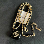 CHANEL 26S DOUBLE C LOGO BLACK HEART PENDANT CHAIN NECKLACE IN GOLD METAL 629886