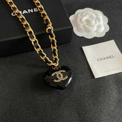 CHANEL 26S DOUBLE C LOGO BLACK HEART PENDANT CHAIN NECKLACE IN GOLD METAL 629886