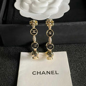 CHANEL 26S DOUBLE C LOGO BLACK ENAMEL & CRYSTAL LINK HOOP EARRINGS IN GOLD METAL 629897