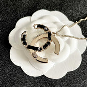 CHANEL 26S DOUBLE C LOGO CRYSTAL & BLACK ENAMEL CHAIN PENDANT NECKLACE IN SILVER METAL 631017