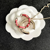 CHANEL 26S DOUBLE C LOGO CRYSTAL & PINK ENAMEL CHAIN PENDANT NECKLACE IN GOLD METAL 631018